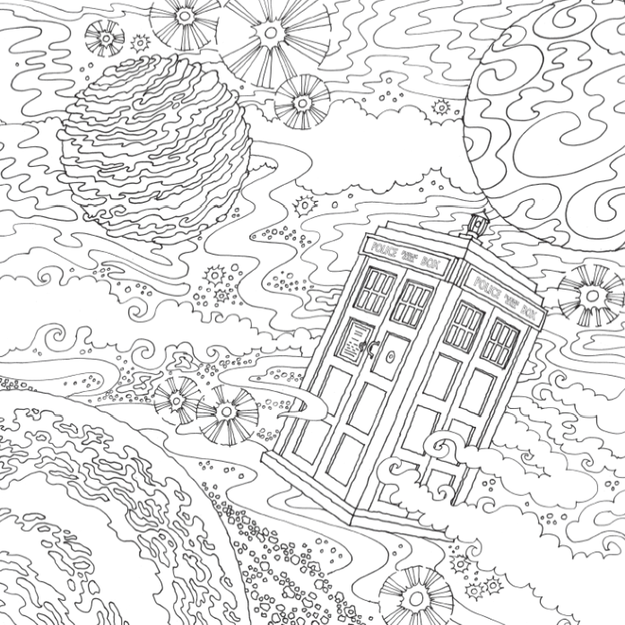 Coloring page of the tardis, flying in space. 